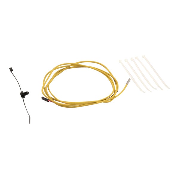 A thermocouple kit for a platen, including a yellow wire, a black connector, and several white zip ties.