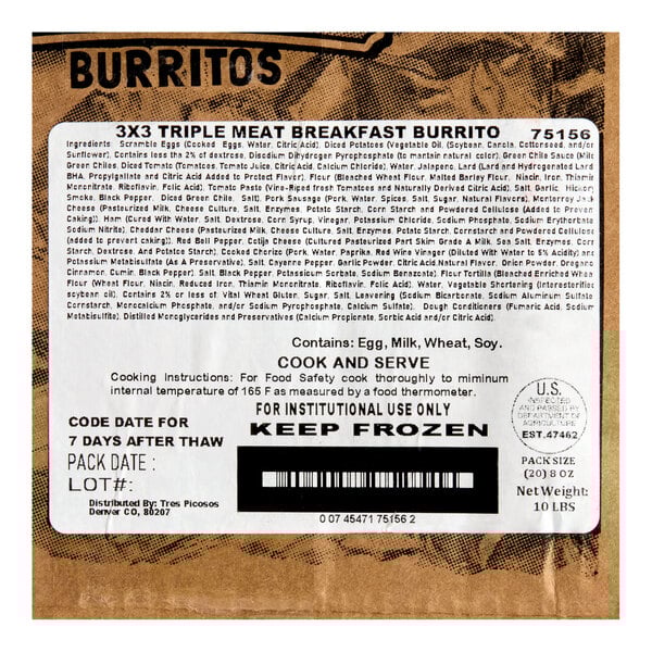 A package of Tres Picosos Foil-Wrapped 3X3 Triple Meat Breakfast Burritos, 8 oz each, 20 per case.