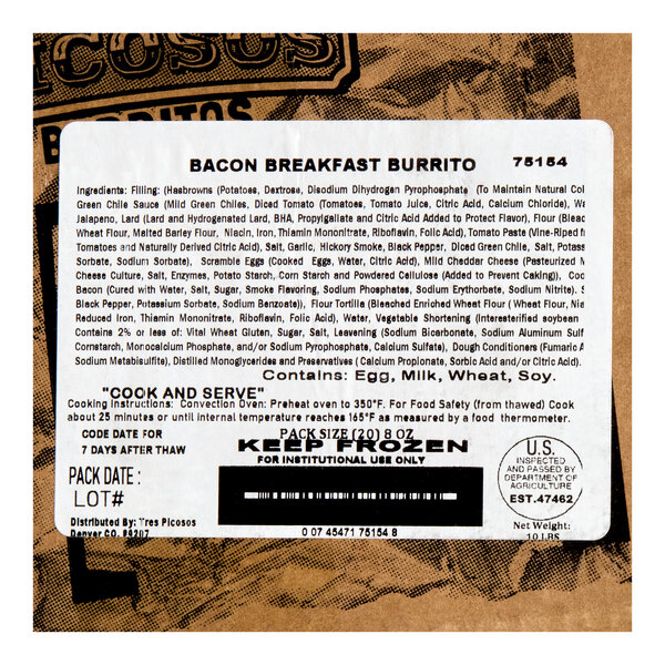 A foil-wrapped bacon breakfast burrito from Tres Picosos, 8 oz size, packaged for institutional use.
