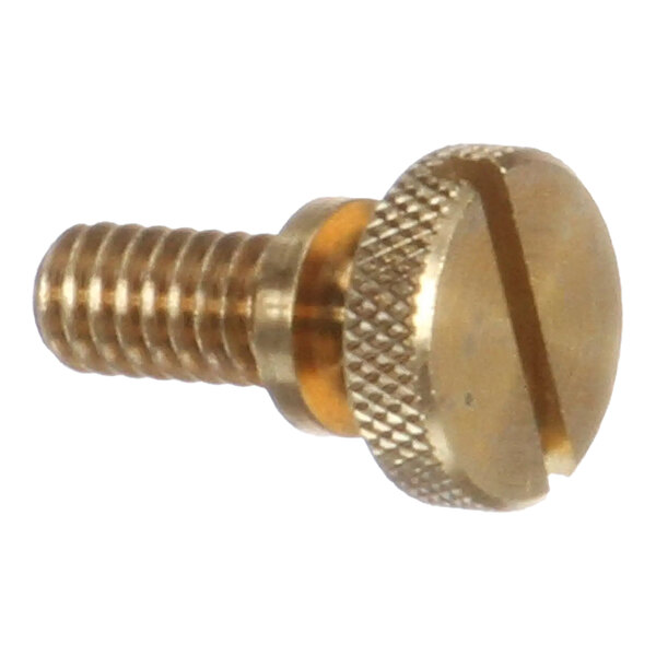 A brass slotted thumb screw with a knurled head and threaded shaft.