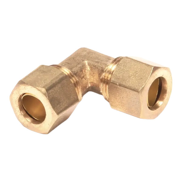 A brass compression elbow fitting used for connecting pipes at a 90-degree angle.