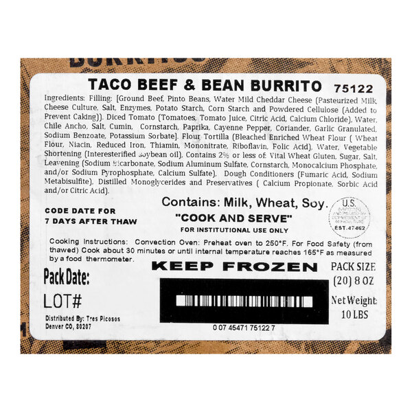 Tres Picosos Foil-Wrapped Taco Beef Burrito 8 oz. - 20/Case
