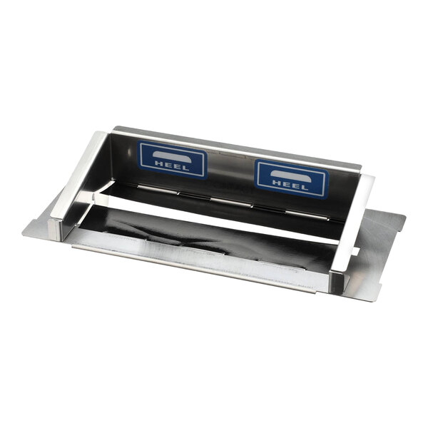 A stainless steel bun feeder assembly kit with labeled heel guides.