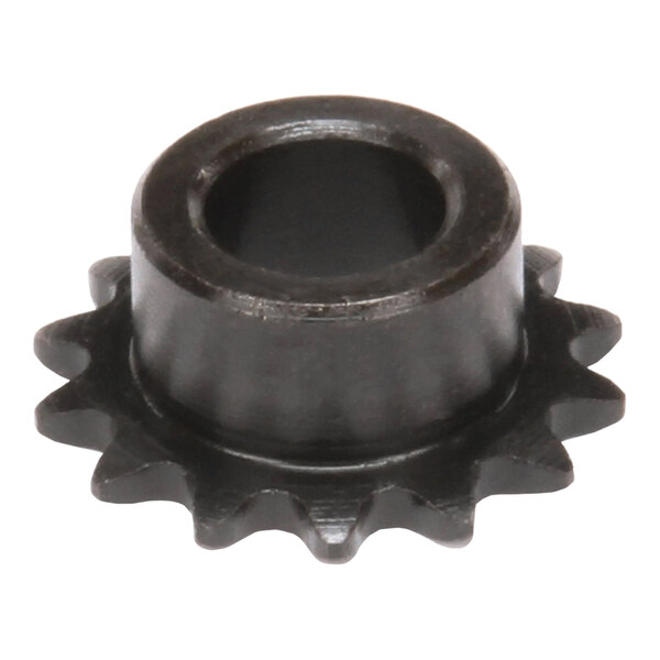 A black metal sprocket with 14 teeth and a central hole.