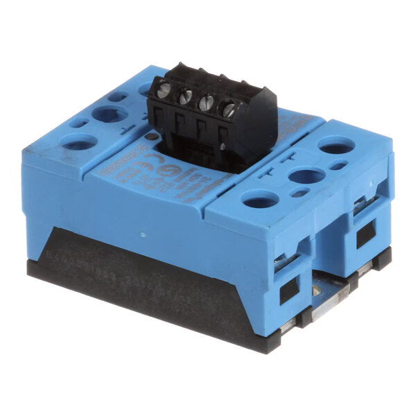 A blue and black solid state relay with multiple connection points.