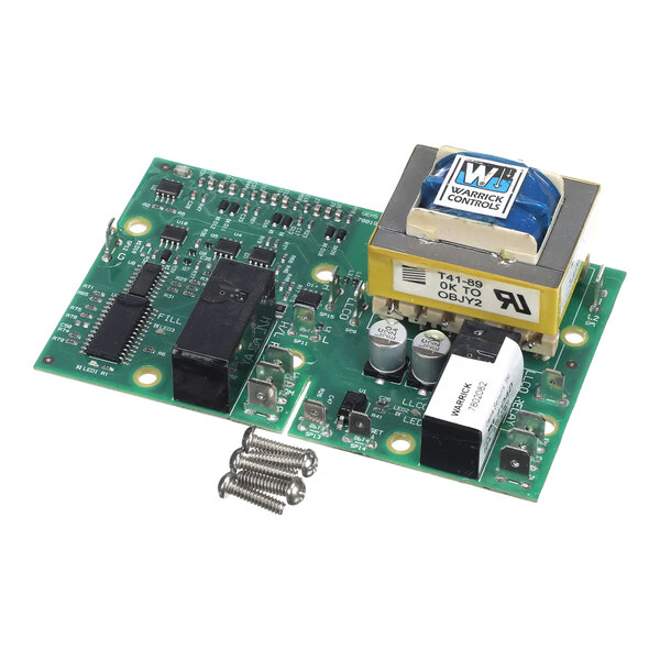 A water level control circuit board with attached components and mounting screws.