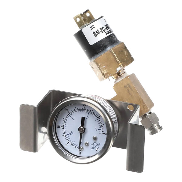 A pressure switch and gauge assembly with a metal mounting bracket.