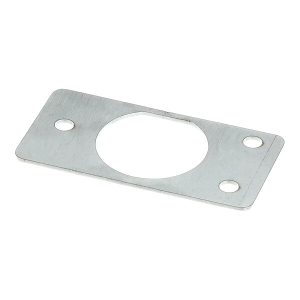 A rectangular metal handle reinforcement plate with a large central hole and three smaller mounting holes.
