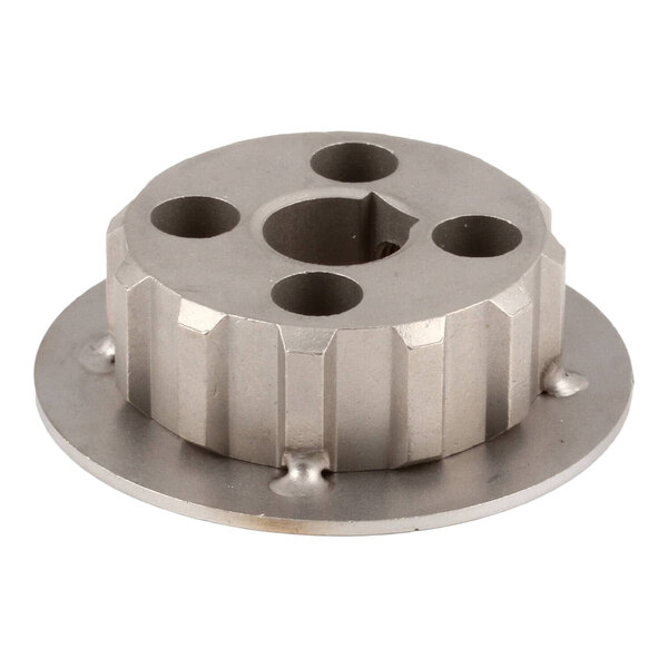 A metal roller sprocket kit component with multiple holes and a flanged base.