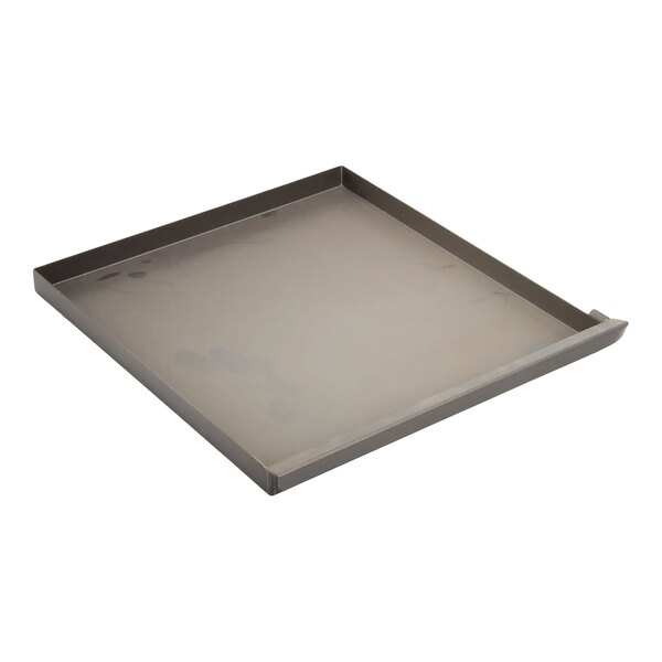 A square metal drip water pan with raised edges on three sides and a small spout on one corner.