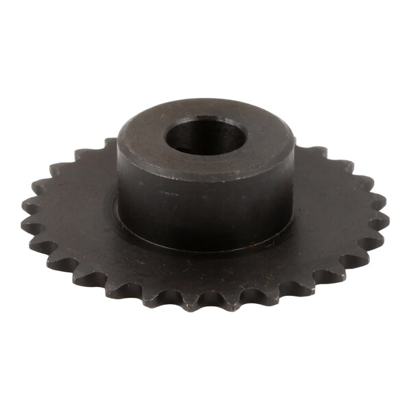 A metal sprocket with evenly spaced teeth and a central hole for mounting.