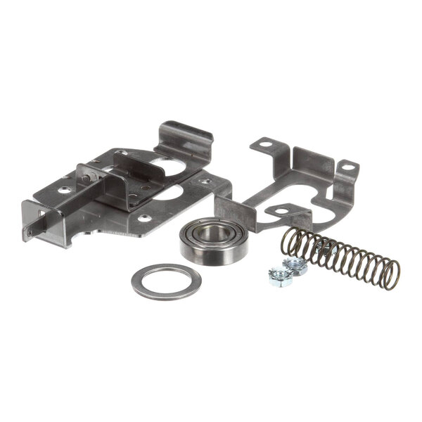 A set of metal hardware components including brackets, a bearing, a spring, washers, and nuts.