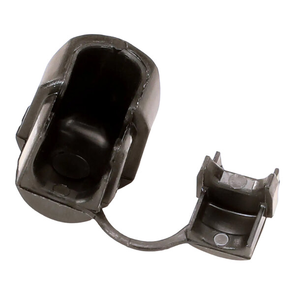 A right angle strain relief component made of dark plastic.