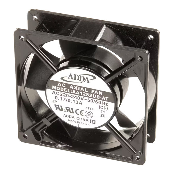 A square cooling fan for electronic or industrial equipment.