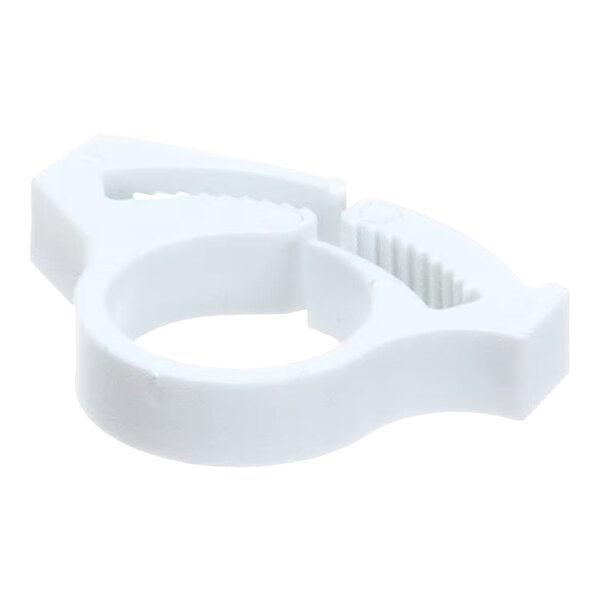 A white plastic hose clamp with a 15/32 to 17/32 inch adjustable range.