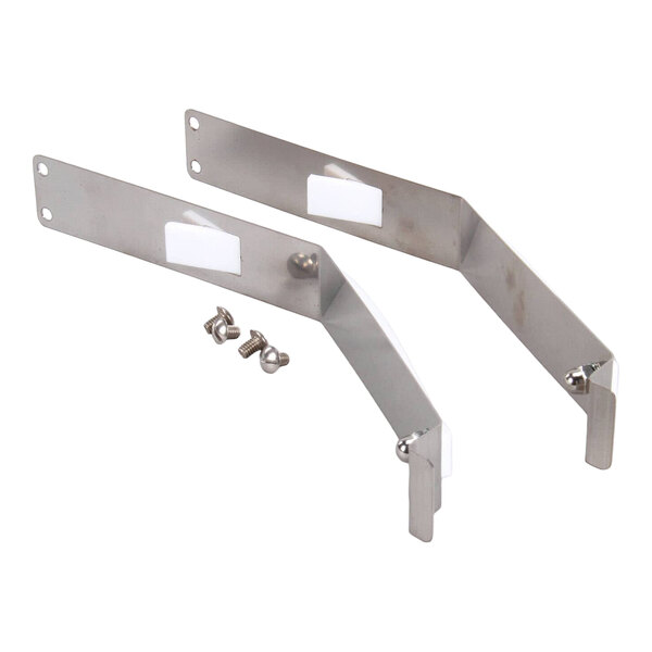 A metal tensioner assembly kit with two angled brackets and accompanying screws.