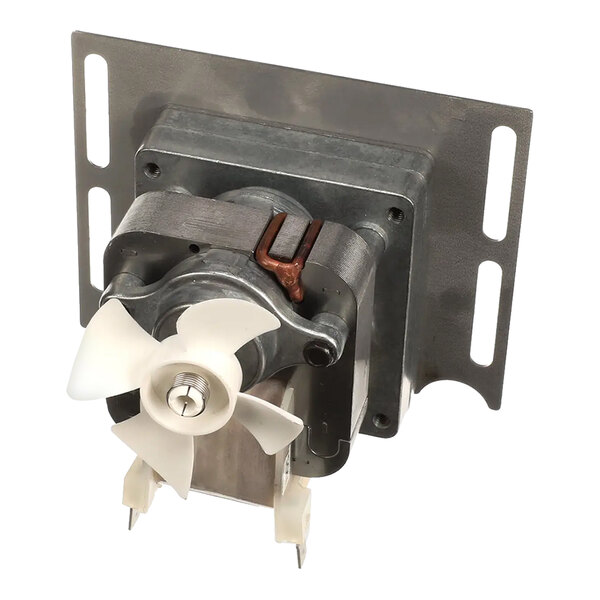 A metal gearmotor assembly with a white plastic fan blade and mounting bracket.