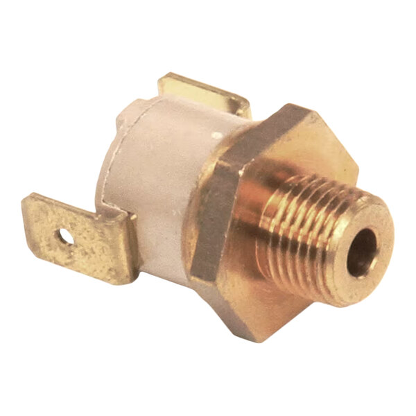 A metal pressure sensitive switch with a threaded connector and two flat mounting tabs.