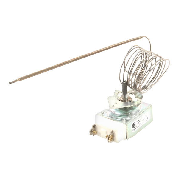 A metal thermostat with a coiled sensing bulb and electrical terminals, used for temperature control in appliances.