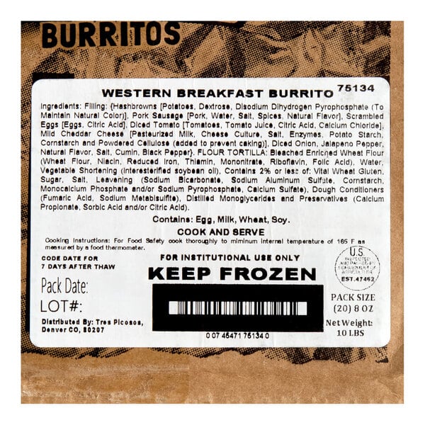 A package label for Tres Picosos Foil-Wrapped Western Breakfast Burrito, 8 oz., 20 per case.