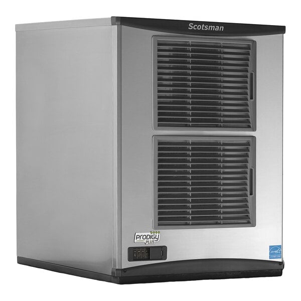 A stainless steel Scotsman Prodigy Plus Series air-cooled nugget ice machine with front ventilation grilles.