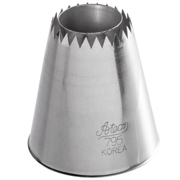 A stainless steel Ateco Sultan flat cone piping tip with a jagged edge, used for cake and pastry decorating.