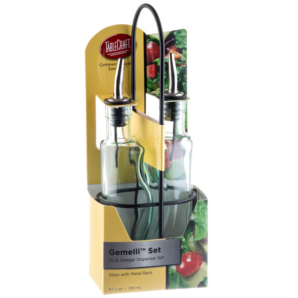 TableCraft Gemelli 8.5 oz. Green Tinted Glass Oil and Vinegar Cruet Set with Black Rack - 6/Case