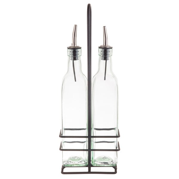 TableCraft Gemelli 8.5 oz. Green Tinted Glass Oil and Vinegar Cruet Set with Black Rack - 6/Case