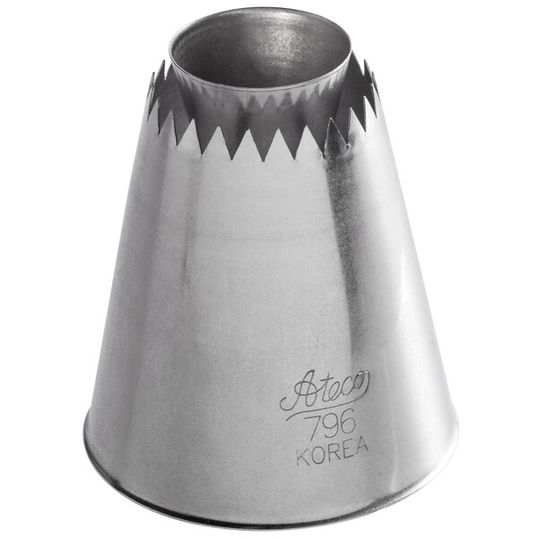 A metal piping tip with a jagged edge, used for cake and pastry decorating.