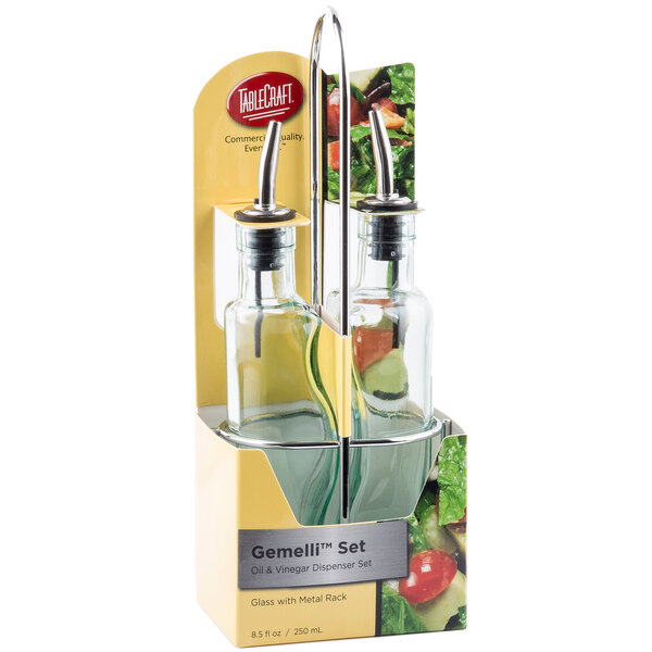 Tablecraft Gemelli 8.5 oz. Green Tinted Glass Oil and Vinegar Cruet Set with Chrome Rack - 6/Case