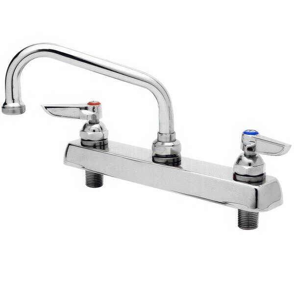 A silver T&S deck-mount faucet with two 4" wrist action handles.