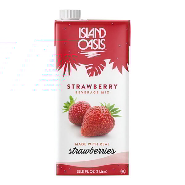 A 1-liter carton of Island Oasis Strawberry Beverage Mix featuring images of strawberries on the front.