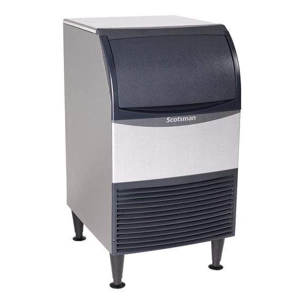 A commercial undercounter ice machine with a stainless steel finish and a front bin, designed for producing and storing ice.