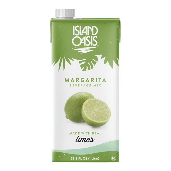 A 1-liter carton of Island Oasis Margarita beverage mix made with real limes.