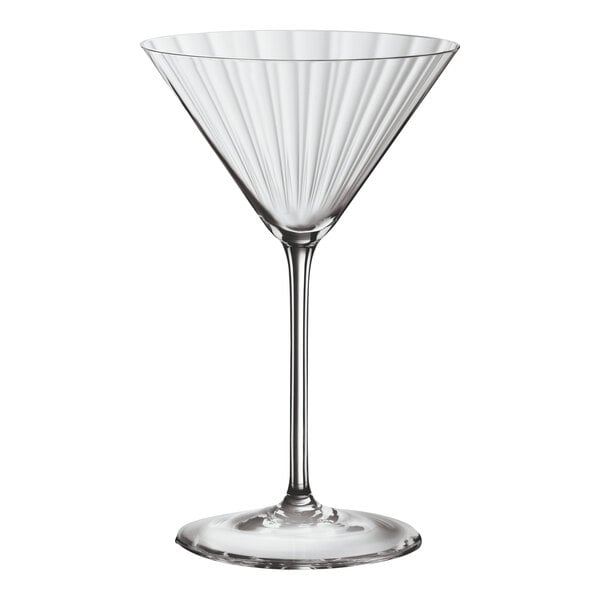 A clear, fluted 7.5 oz. martini glass with a long stem.