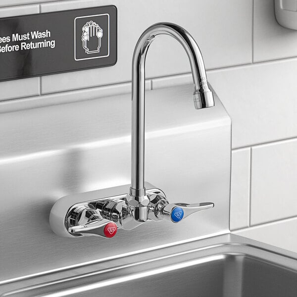 A T&S wall mount faucet with gooseneck spout and handle over a stainless steel sink.