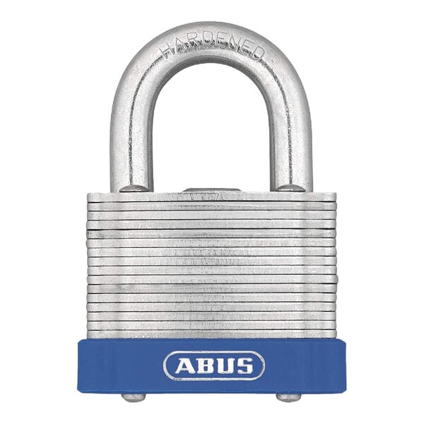 A laminated steel padlock with a blue base and the ABUS logo on the front.