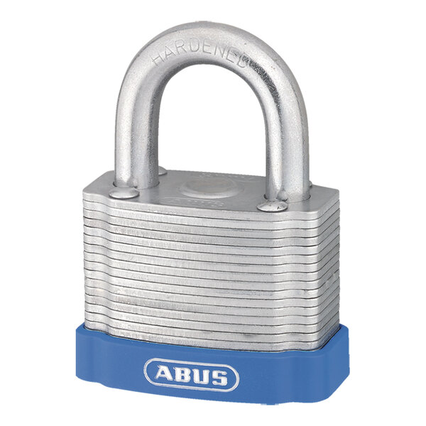 A laminated steel padlock with a blue base and the ABUS logo on the front.