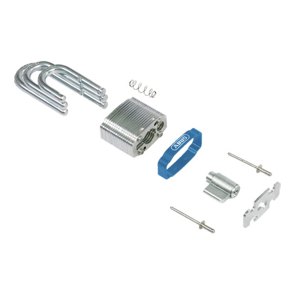 An exploded view of an ABUS 41/50 Blue Laminated Steel Keyed-Different Padlock with ETERNA Coating, showing its individual components.