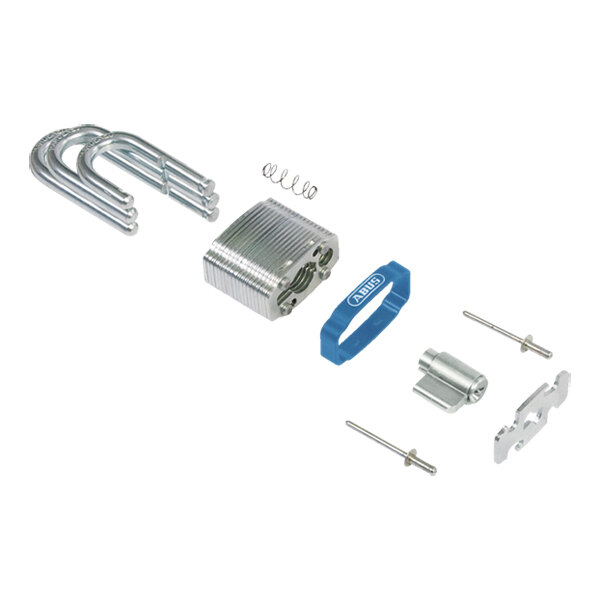 A disassembled ABUS 41/40 blue laminated steel padlock with ETERNA coating and various internal components.