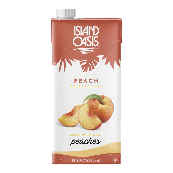 A 1-liter carton of Island Oasis Peach Beverage Mix featuring images of peaches on the front.