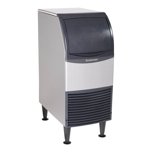 A commercial undercounter ice machine with a front bin and vent, designed for producing and storing ice cubes.
