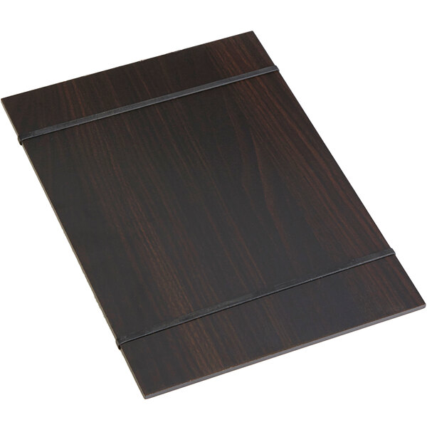 A rectangular espresso wood menu holder with rubber bands for securing menus.
