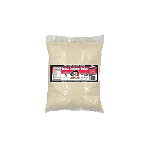A 5-pound bag of Jaimito crumbled queso cotija cheese in powder form.