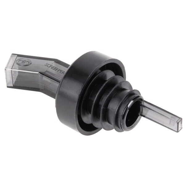 A black smoke-colored liquor pourer with a screen, designed for bottle dispensing.