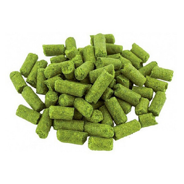 A pile of green Strata T-90 hop pellets used for brewing beer.