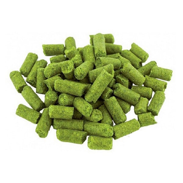 A pile of green Amarillo T-90 hop pellets used for brewing beer.