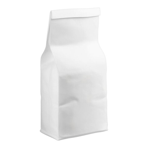 A plain, white, rectangular paper or plastic bag with a folded top, standing upright.
