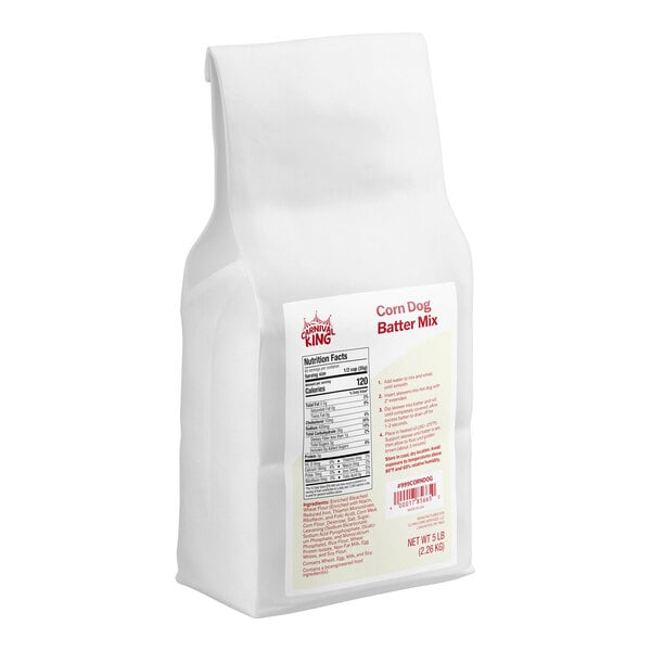 A white bag with a label showing nutrition facts and instructions for corn dog batter mix.