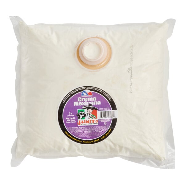 A 5-pound bag of Jaimito Mexican crema with a spout, labeled on the front.